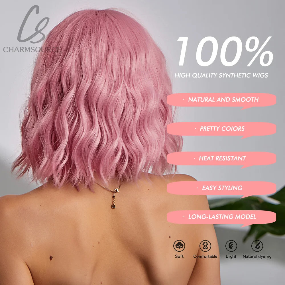 Pink BOB Wig – Short Natural Wavy Synthetic Hair