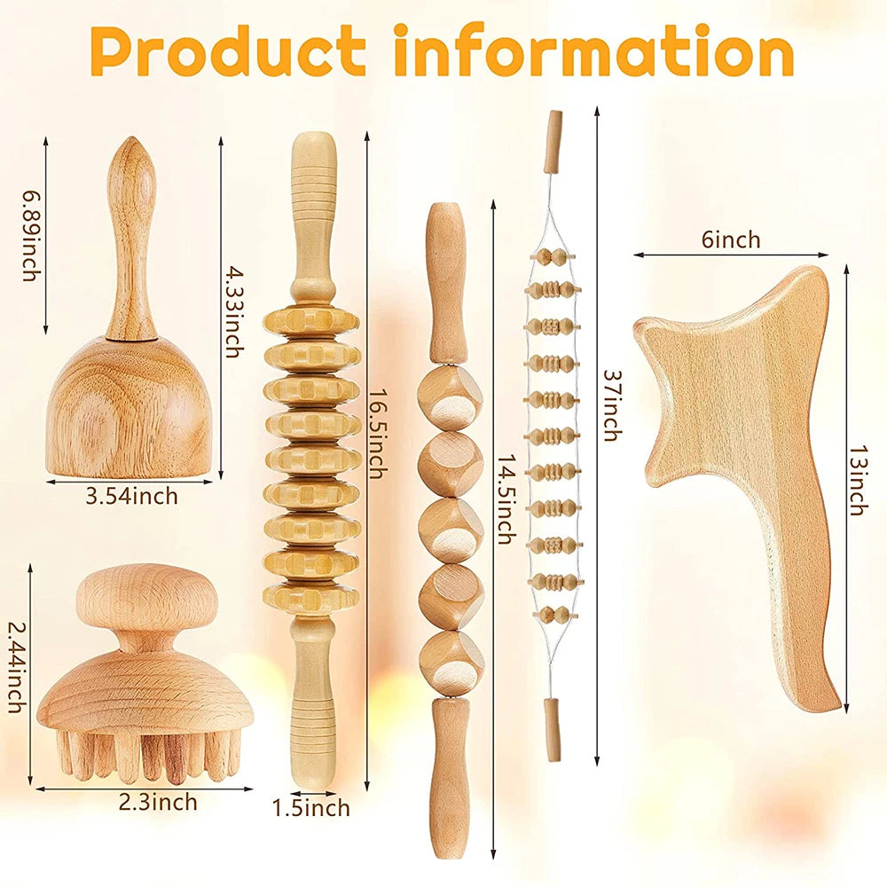 6-in-1 Wooden Massage Tool Set for Relaxation & Body Care