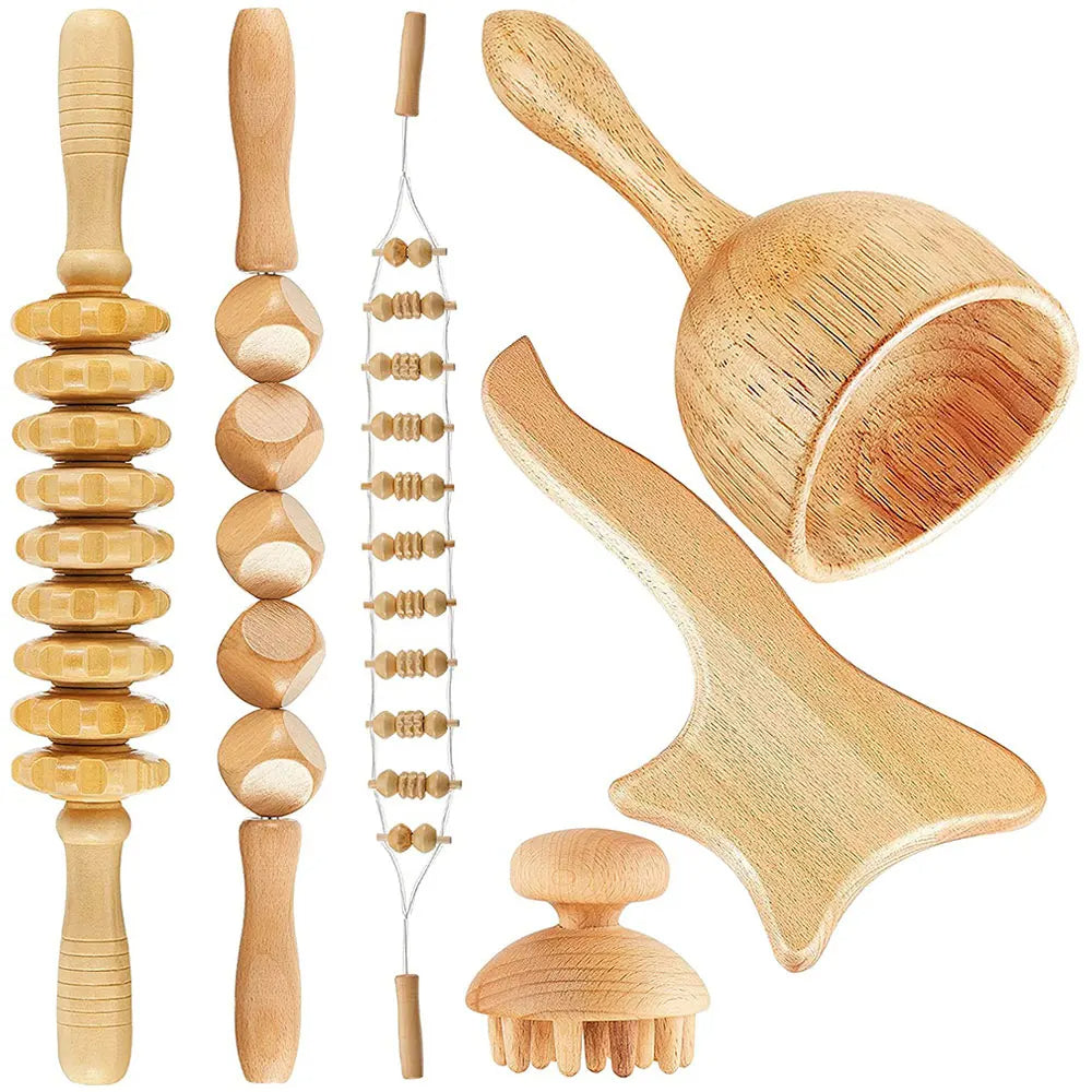 6-in-1 Wooden Massage Tool Set for Relaxation & Body Care