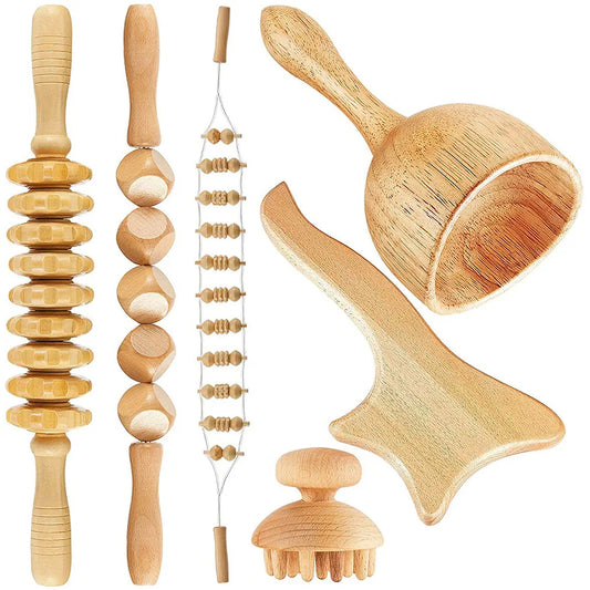 6-in-1 Wooden Massage Tool Set for Relaxation & Body Care