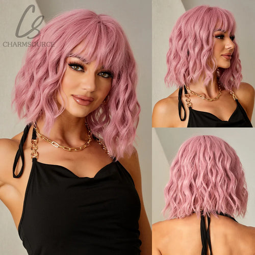 Pink BOB Wig – Short Natural Wavy Synthetic Hair