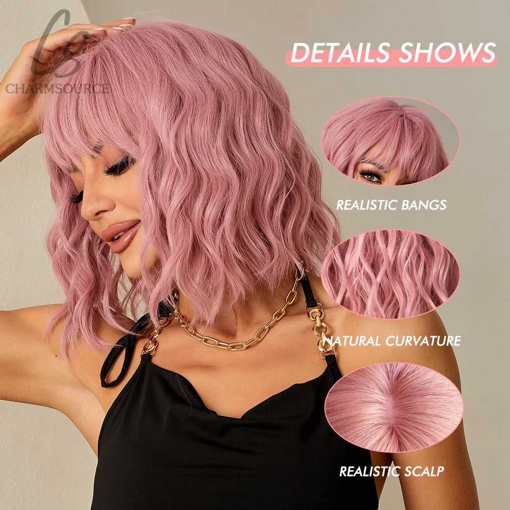 Pink BOB Wig – Short Natural Wavy Synthetic Hair