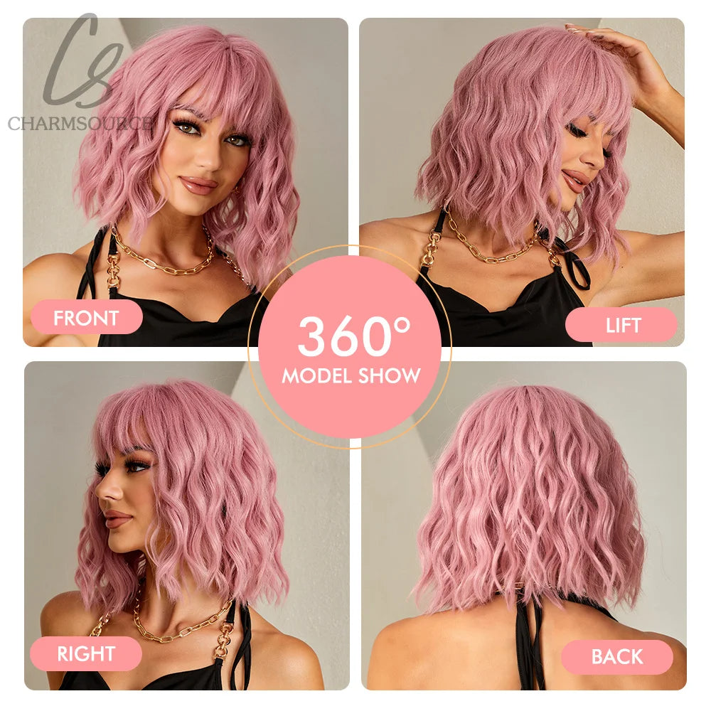 Pink BOB Wig – Short Natural Wavy Synthetic Hair