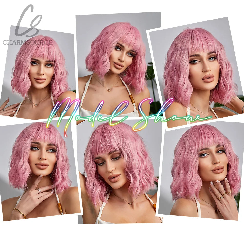 Pink BOB Wig – Short Natural Wavy Synthetic Hair