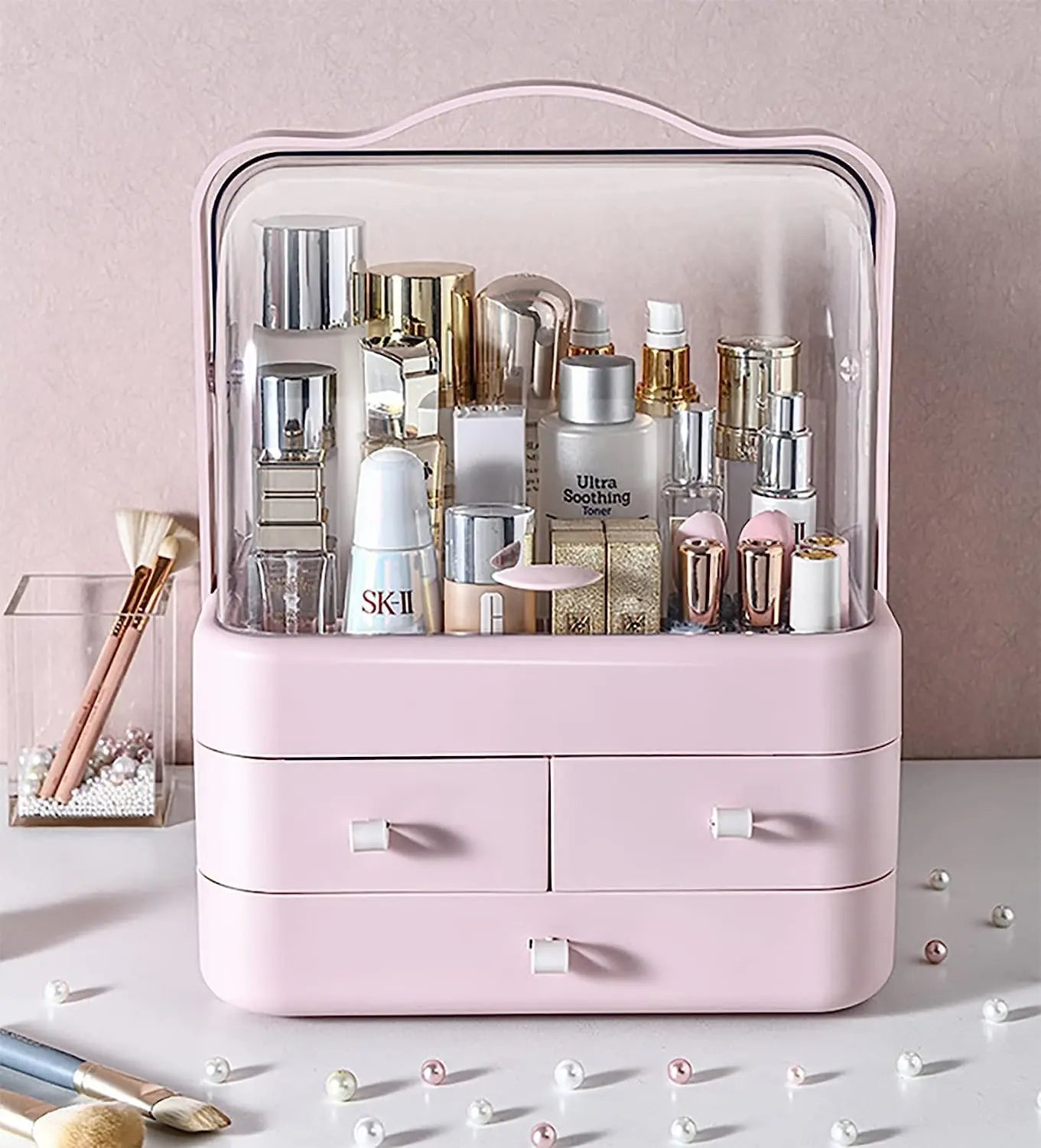 Makeup Organizer - Large Capacity - Dust Free Cover - Portable Handle