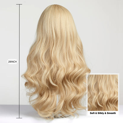 Long Wavy Light Ash Blonde Synthetic Wig with Bangs for Women