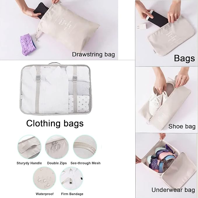 Set Travel Organizer Storage Bags- 7 Pcs - Beige