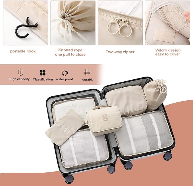 Set Travel Organizer Storage Bags- 7 Pcs - Beige