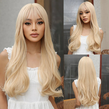 Long Wavy Light Ash Blonde Synthetic Wig with Bangs for Women