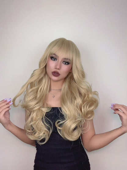 Long Wavy Light Ash Blonde Synthetic Wig with Bangs for Women